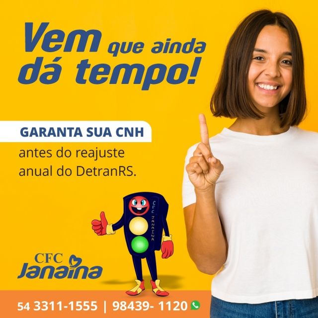 Vem que ainda dá tempo!
Garanta sua CNH antes do reajuste anual do DetranRS. 🚗🏍

O CFC Janaína oferece condições de pagamento personalizadas para que seu sonho da primeira CNH se torne realidade. 😉👏👏

Fale conosco:
📞 (54) 3311-1555
📞 (54) 3198-1069 - Agendamento
📱 (54) 98439-1120 - Informações e Orçamentos
📱 (54) 99975-2036 - Aulas e Provas

📍 R. Morom, 1932- Centro - Passo Fundo
⏰ Atendimento das 8h às 19h sem fechar para almoço

#vemprajanaína #cfcjanaina #cfc #detranrs #renovaçãocnh #primeirahabilitação